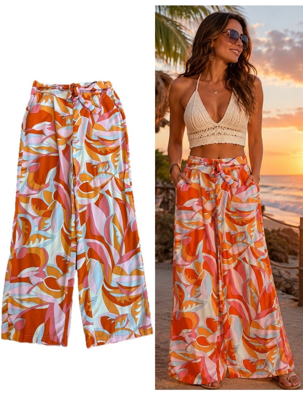 Jules & Leopold Retro Floral Wide Leg Palazzo Pants Orange Pink Resort Sz M